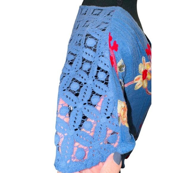 Anthropologie Fig & Flower Blue Embroidered Button Blouse M Crochet Lace Cottage - Picture 8 of 8